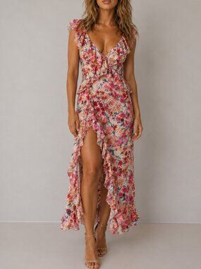 asymmetrical forest jacquard maxi dress Ella Jacquard Maxi Dress in Pink/Green